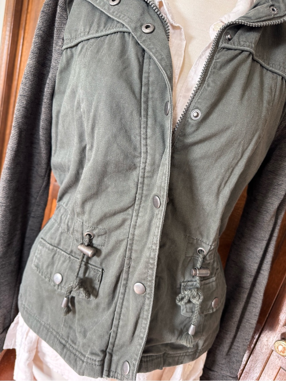 Ashley By 26 Military Utility Jacket Knit Sleeves Drawstring Olive Medium - Picture 3 of 4